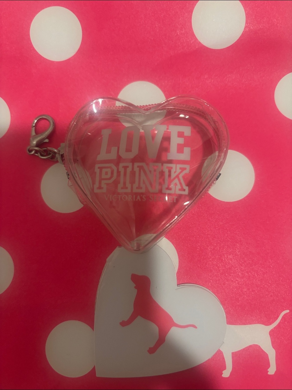 PINK Victoria's Secret Clear Heart Pouch with Pink Trim + Polka Dot Gift Bag - Picture 7 of 7